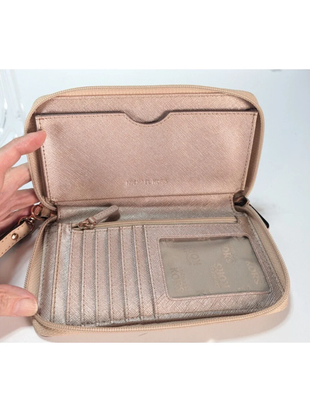 Michael Kors MK Signature Gold Metallic Wristlet Wallet Clutch Handbag Leather